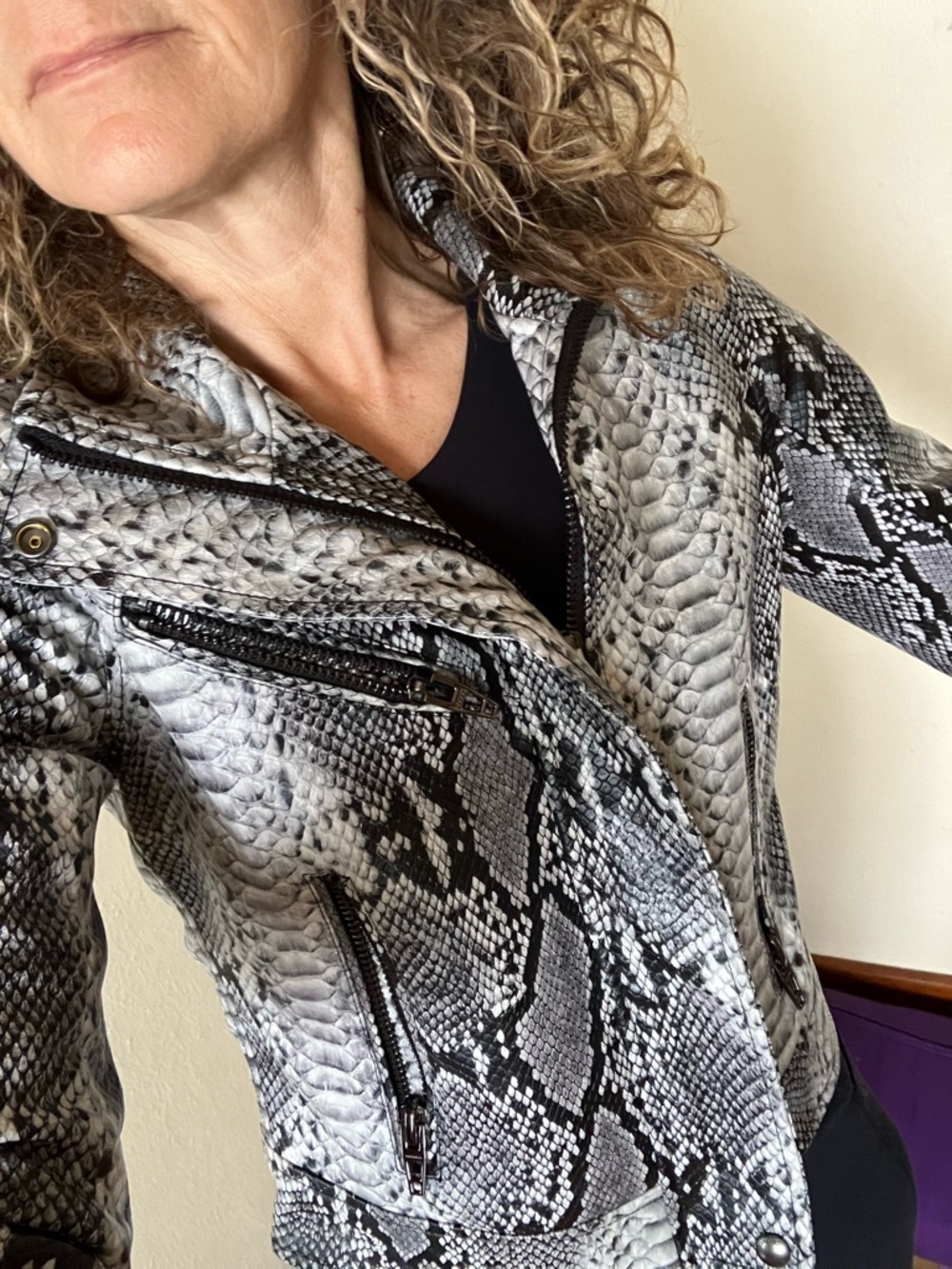 Brian Atwood Black & Gray Snake-Print Leather Jacket